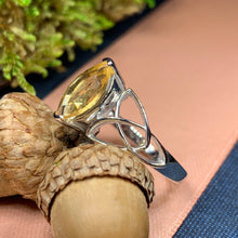 Load image into Gallery viewer, Celtic Knot Ring, Celtic Ring, Promise Ring, Irish Ring, Citrine Ring, Irish Dance Gift, Anniversary Gift, Silver Boho Ring, Scottish Ring