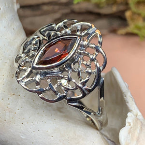 Celtic Knot Ring, Celtic Ring, Boho Statement Ring, Garnet Ring, Irish Ring, Anniversary Gift, Promise Ring, Wife Gift, Mom Gift, Silver 