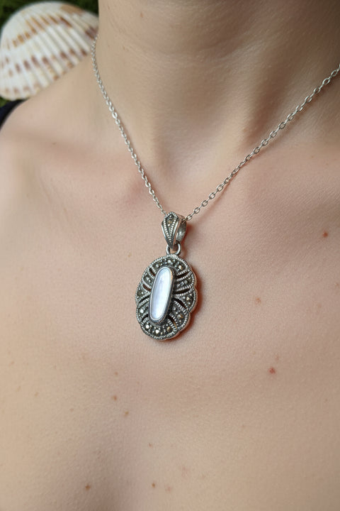 Load image into Gallery viewer, Victorian Necklace, Celtic Jewelry, Marcasite Jewelry, Mother of Pearl Jewelry, Wiccan Jewelry, Anniversary Gift