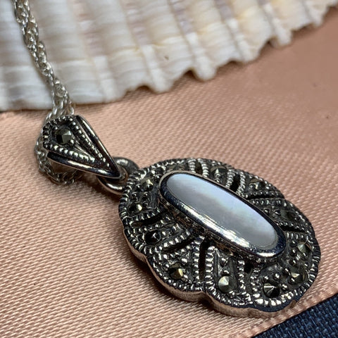Load image into Gallery viewer, Victorian Necklace, Celtic Jewelry, Marcasite Jewelry, Mother of Pearl Jewelry, Wiccan Jewelry, Anniversary Gift