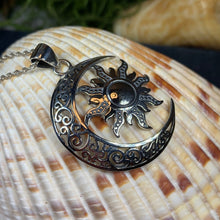 Load image into Gallery viewer, Moon Necklace, Sun Necklace, Celestial Jewelry, Mystical Jewelry, Friendship Gift, Celtic Pendant, Crescent Moon Pendant, Pagan Necklace
