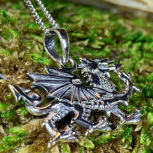 Load image into Gallery viewer, Welsh Dragon Necklace, Wales Necklace, Celtic Dragon, Celtic Jewelry, Silver Dragon, Pagan Jewelry, Wiccan Jewelry, Fantasy Jewelty