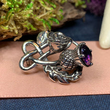 Load image into Gallery viewer, Thistle Brooch, Scotland Jewelry, Outlander Jewelry, Amethyst Brooch, Thistle Jewelry, Scottish Jewelry, Celtic Brooch, Rose Brooch