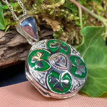 Load image into Gallery viewer, Shamrock Locket Necklace, Irish Pendant, Shamrock Jewelry, Ireland Jewelry, Celtic Jewelry, Anniversary Gift, Bridal Jewelry, Clover Pendant
