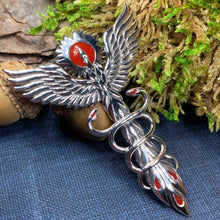 Load image into Gallery viewer, Phoenix Necklace, Celtic Jewelry, Bird Pendant, Firebird Jewelry, Doctor Gift, Pagan Jewelry, Viking Jewelry, Gothic Jewelry, Caduceus Gift