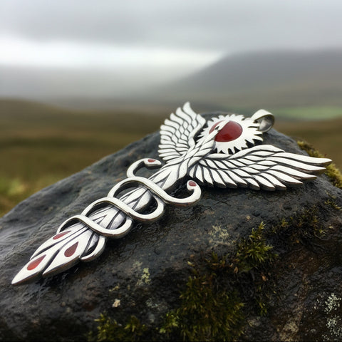 Load image into Gallery viewer, Phoenix Necklace, Celtic Jewelry, Bird Pendant, Firebird Jewelry, Doctor Gift, Pagan Jewelry, Viking Jewelry, Gothic Jewelry, Caduceus Gift