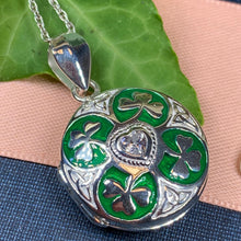 Load image into Gallery viewer, Shamrock Locket Necklace, Irish Pendant, Shamrock Jewelry, Ireland Jewelry, Celtic Jewelry, Anniversary Gift, Bridal Jewelry, Clover Pendant
