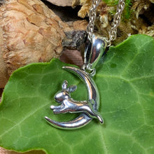 Load image into Gallery viewer, Moon Necklace, Rabbit Necklace, Celestial Jewelry, Mystical Jewelry, Silver Hare Jewelry, Celtic Pendant, Crescent Moon Pendant, Irish Gift