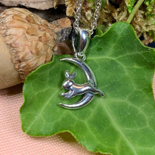 Load image into Gallery viewer, Moon Necklace, Rabbit Necklace, Celestial Jewelry, Mystical Jewelry, Silver Hare Jewelry, Celtic Pendant, Crescent Moon Pendant, Irish Gift