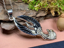 Load image into Gallery viewer, Phoenix Necklace, Celtic Jewelry, Bird Pendant, Firebird Jewelry, Silver Inspirational Gift, Pagan Jewelry, Viking Jewelry, Gothic Jewelry