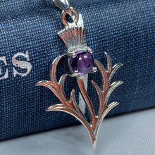 Load image into Gallery viewer, Thistle Necklace, Outlander Jewelry, Scotland Jewelry, Celtic Jewelry, Sister Gift, Mom Gift, Wife Gift, Anniversary Gift, Amethyst Pendant
