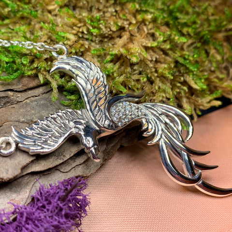 Load image into Gallery viewer, Phoenix Necklace, Celtic Jewelry, Bird Pendant, Firebird Jewelry, Inspirational Gift, Pagan Jewelry, Viking Jewelry, Gothic Jewelry