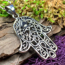 Load image into Gallery viewer, Hamsa Hand Necklace, Celtic Jewelry, Evil Eye Jewelry, Yoga Jewelry, Celtic Knot Jewelry, Protection Jewelry, Hand Jewelry, Yoga Gift
