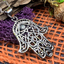 Load image into Gallery viewer, Hamsa Hand Necklace, Celtic Jewelry, Evil Eye Jewelry, Yoga Jewelry, Celtic Knot Jewelry, Protection Jewelry, Hand Jewelry, Yoga Gift