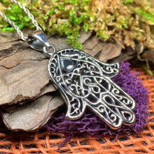 Load image into Gallery viewer, Hamsa Hand Necklace, Celtic Jewelry, Evil Eye Jewelry, Yoga Jewelry, Celtic Knot Jewelry, Protection Jewelry, Hand Jewelry, Yoga Gift