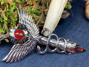 Phoenix Necklace, Celtic Jewelry, Bird Pendant, Firebird Jewelry, Doctor Gift, Pagan Jewelry, Viking Jewelry, Gothic Jewelry, Caduceus Gift