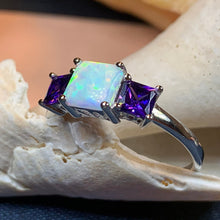 Load image into Gallery viewer, Scottish Mist Celtic Ring, Celtic Ring, Scotland Ring, Opal Jewelry, Trinity Knot Jewelry, Anniversary Gift, Cocktail Ring, Amethyst Ring