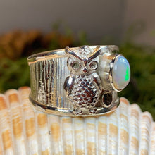 Load image into Gallery viewer, Owl Ring, Celtic Opal Ring, Larimar Ring, Owl Ring, Wide Band Ring, Boho Statement Ring, Anniversary Gift, Wiccan Jewelry, Bird Jewelry