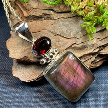 Load image into Gallery viewer, Celtic Night Necklace, Purple Labradorite Pendant, Celtic Jewelry, Anniversary Gift, Wiccan Jewelry, Garnet Pendant, Wife Gift, Sister Gift
