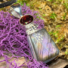 Load image into Gallery viewer, Celtic Night Necklace, Purple Labradorite Pendant, Celtic Jewelry, Anniversary Gift, Wiccan Jewelry, Garnet Pendant, Wife Gift, Sister Gift