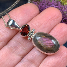 Load image into Gallery viewer, Celtic Night Necklace, Purple Labradorite Pendant, Celtic Jewelry, Anniversary Gift, Wiccan Jewelry, Garnet Pendant, Wife Gift, Sister Gift