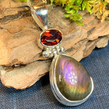 Load image into Gallery viewer, Celtic Night Necklace, Purple Labradorite Pendant, Celtic Jewelry, Anniversary Gift, Wiccan Jewelry, Garnet Pendant, Wife Gift, Sister Gift