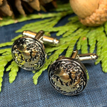 Load image into Gallery viewer, Thistle Cuff Links, Scotland Jewelry, Celtic Jewelry, Dad Gift, Bagpiper Gift, Groom Gift, Best Man Gift, Boyfriend Gift, Husband Gift