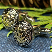Load image into Gallery viewer, Thistle Cuff Links, Scotland Jewelry, Celtic Jewelry, Dad Gift, Bagpiper Gift, Groom Gift, Best Man Gift, Boyfriend Gift, Husband Gift