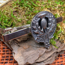 Load image into Gallery viewer, Thistle Tie Bar, Celtic Jewelry, Scottish Gift for Him, Dad Gift, Graduation Gift, Scotland Gift, Men's Jewelry, Celtic Tie Clip, Groom Gift
