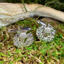 Load image into Gallery viewer, Thistle Cuff Links, Scotland Jewelry, Silver Celtic Jewelry, Scots Dad Gift, Bagpiper Gift, Groom Gift, Best Man Gift, Scottish Husband Gift