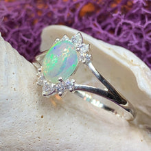 Load image into Gallery viewer, Opal Ring, Promise Ring, Engagement Ring, Celtic Jewelry, Anniversary Gift, Wiccan Jewelry, Boho Statement Ring, Silver Cocktail Ring