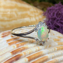 Load image into Gallery viewer, Opal Ring, Promise Ring, Engagement Ring, Celtic Jewelry, Anniversary Gift, Wiccan Jewelry, Boho Statement Ring, Silver Cocktail Ring