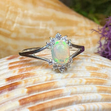 Load image into Gallery viewer, Opal Ring, Promise Ring, Engagement Ring, Celtic Jewelry, Anniversary Gift, Wiccan Jewelry, Boho Statement Ring, Silver Cocktail Ring