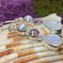 Load image into Gallery viewer, Moonstone Earrings, Amethyst Dangle Earrings, Moonstone Jewelry, Pearl Jewelry, June Birthstone, Mom Gift, Anniversary Gift, Wife Gift