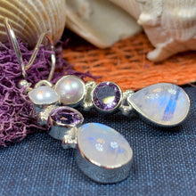 Load image into Gallery viewer, Moonstone Earrings, Amethyst Dangle Earrings, Moonstone Jewelry, Pearl Jewelry, June Birthstone, Mom Gift, Anniversary Gift, Wife Gift