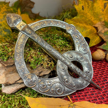 Load image into Gallery viewer, Celtic Penannular Brooch, Large Celtic Pin, Viking Jewelry, Norse Jewelry, Wiccan Jewelry, Anniversary Gift, Kilt Pin, Pewter Tartan Pin