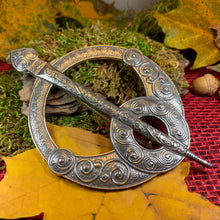 Load image into Gallery viewer, Celtic Penannular Brooch, Large Celtic Pin, Viking Jewelry, Norse Jewelry, Wiccan Jewelry, Anniversary Gift, Kilt Pin, Pewter Tartan Pin