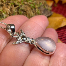 Load image into Gallery viewer, Owl Necklace, Owl Gift, Bird Pendant, Nature Jewelry, Forest Jewelry, Rose Quartz Pendant, Mystical Jewelry, Gift for Her, Mom Gift