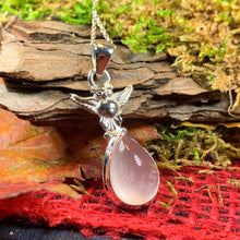 Load image into Gallery viewer, Owl Necklace, Owl Gift, Bird Pendant, Nature Jewelry, Forest Jewelry, Rose Quartz Pendant, Mystical Jewelry, Gift for Her, Mom Gift