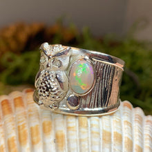 Load image into Gallery viewer, Owl Ring, Celtic Opal Ring, Larimar Ring, Owl Ring, Wide Band Ring, Boho Statement Ring, Anniversary Gift, Wiccan Jewelry, Bird Jewelry