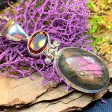 Load image into Gallery viewer, Celtic Night Necklace, Purple Labradorite Pendant, Celtic Jewelry, Anniversary Gift, Wiccan Jewelry, Garnet Pendant, Wife Gift, Sister Gift