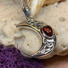 Load image into Gallery viewer, Moon Necklace, Celtic Jewelry, Celestial Jewelry, Wiccan Jewelry, Garnet Pendant, Crescent Moon Pendant, Irish Jewelry, Anniversary Gift