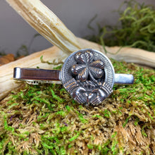 Load image into Gallery viewer, Claddagh Tie Bar, Celtic Jewelry, Irish Gift for Him, Shamrock Tie Clip, Ireland Dad Gift, Graduation Gift, Men's Jewelry, Celtic Tie Clip