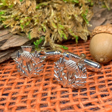 Load image into Gallery viewer, Thistle Cuff Links, Scotland Jewelry, Silver Celtic Jewelry, Scots Dad Gift, Bagpiper Gift, Groom Gift, Best Man Gift, Scottish Husband Gift