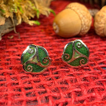 Load image into Gallery viewer, Celtic Knot Stud Earrings, Irish Jewelry, Celtic Jewelry, Triple Spiral Earrings, Irish Dancer Gift, Norse Jewelry, Scottish Post Earrings