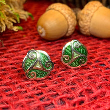 Load image into Gallery viewer, Celtic Knot Stud Earrings, Irish Jewelry, Celtic Jewelry, Triple Spiral Earrings, Irish Dancer Gift, Norse Jewelry, Scottish Post Earrings