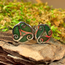 Load image into Gallery viewer, Celtic Knot Stud Earrings, Irish Jewelry, Celtic Jewelry, Triple Spiral Earrings, Irish Dancer Gift, Norse Jewelry, Scottish Post Earrings