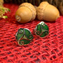 Load image into Gallery viewer, Celtic Knot Stud Earrings, Irish Jewelry, Celtic Jewelry, Triple Spiral Earrings, Irish Dancer Gift, Norse Jewelry, Scottish Post Earrings