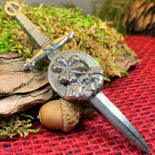 Load image into Gallery viewer, Irish Kilt Pin, Irish Shamrock Pin, Claddagh Kilt Pin, Harp Jewelry, Celtic Kilt Pin, Irish Dancer Gift, Celtic Knot Brooch, Bagpiper Gift