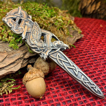 Load image into Gallery viewer, Celtic Raven Kilt Pin, Scottish Jewelry, Irish Kilt Pin, Tartan Pin, Cape Pin, Bagpiper Gift, Scotland Pin, Celtic Shawl Pin, Viking Jewelry